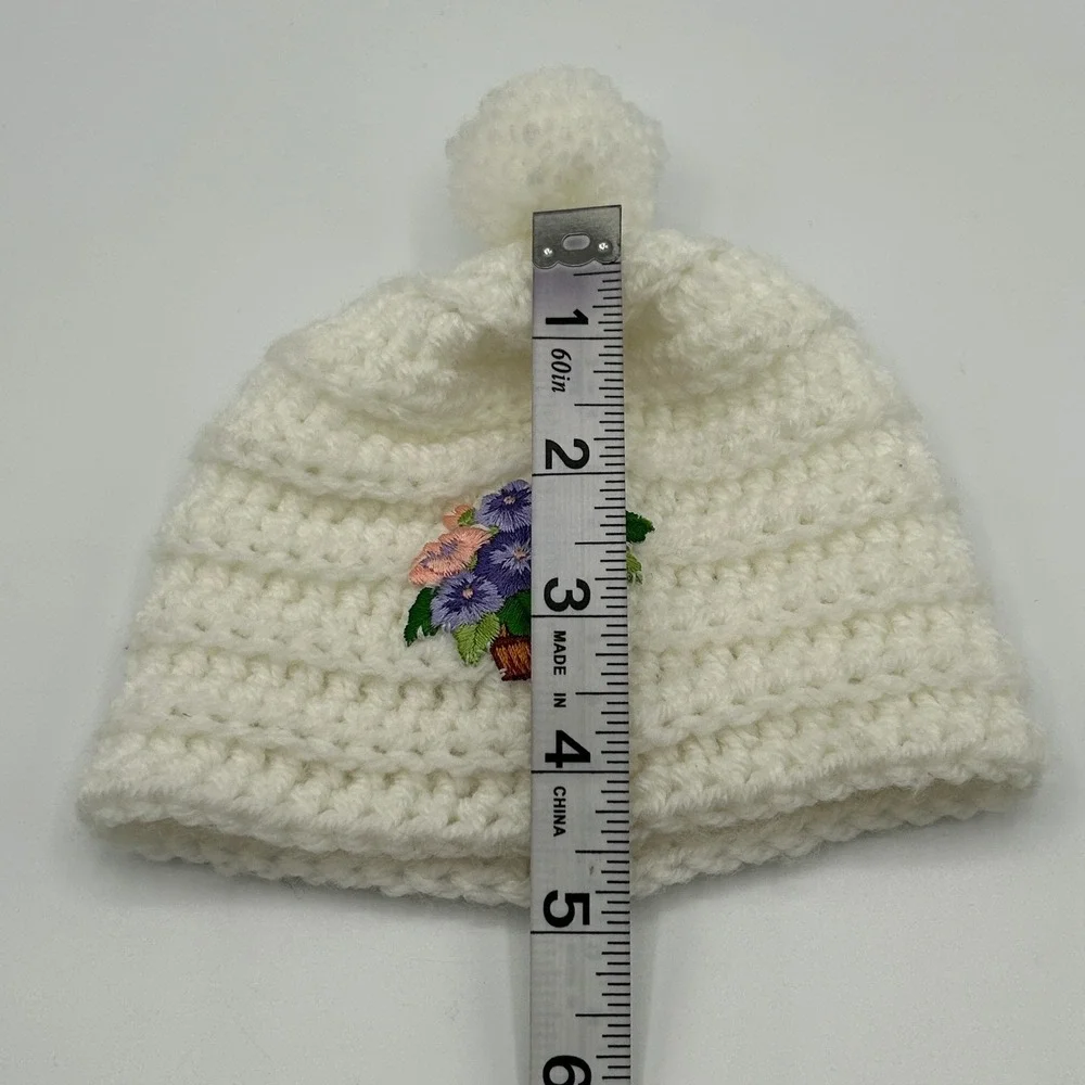 Handmade Ivory Crochet Newborn Baby Girl Winter Beanie Embroidered Flower Basket